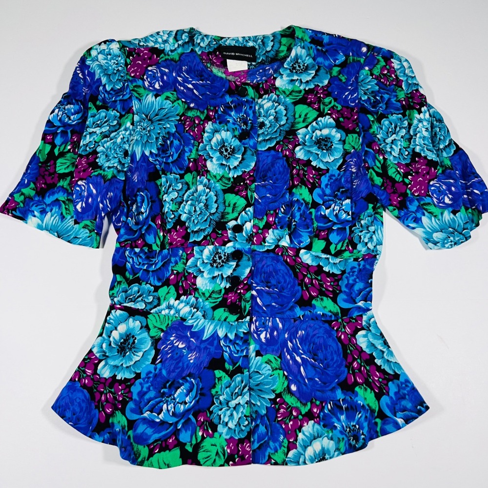 Vintage David Mitchell Floral Peplum Blouse 9/10 Rayon Blue Purple Made USA